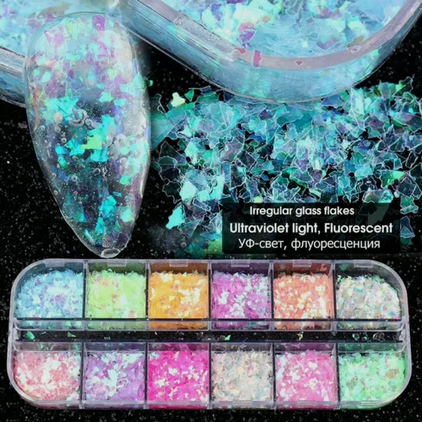 12-Colored Iridescent Nail Art Glitter Kit