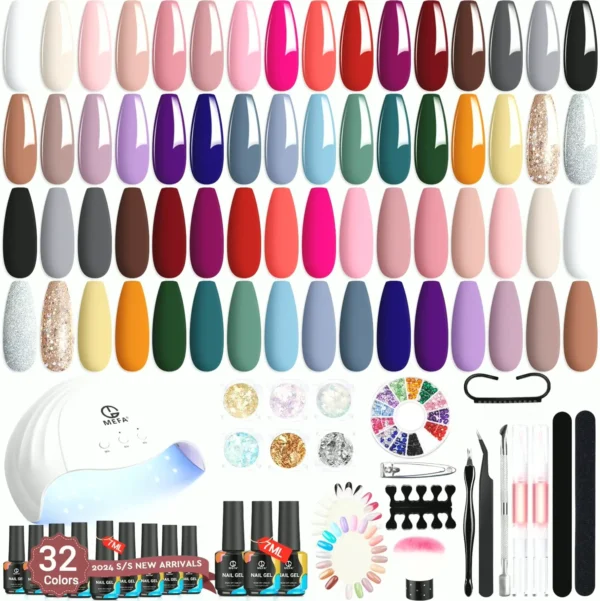MEFA Brand 56-Piece Gel Polish Set with UV Lamp, 32 Colors, Matte and Glossy Top Coat, Nail Decorations