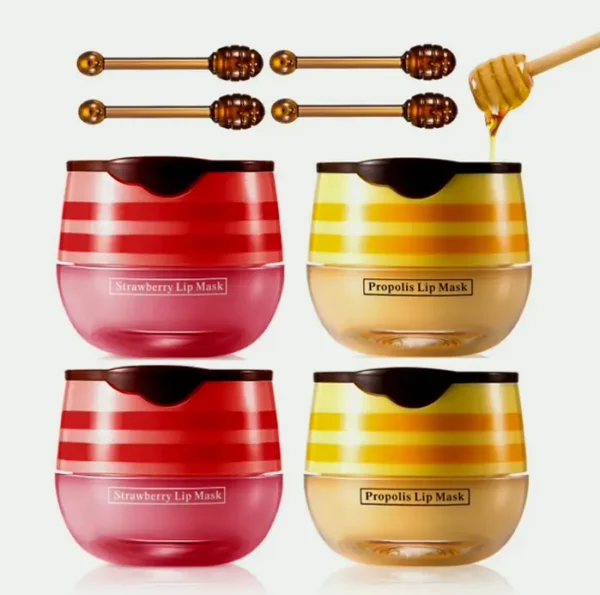 4 Pieces Bee Lip Balm, Honey & Strawberry Lip Mask