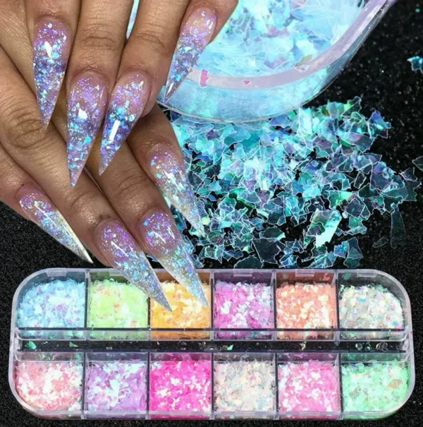12-Colored Iridescent Nail Art Glitter Kit