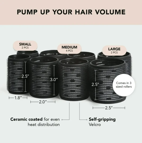 Ceramic Thermal Hair Rollers for Various Types - 8pcs Black